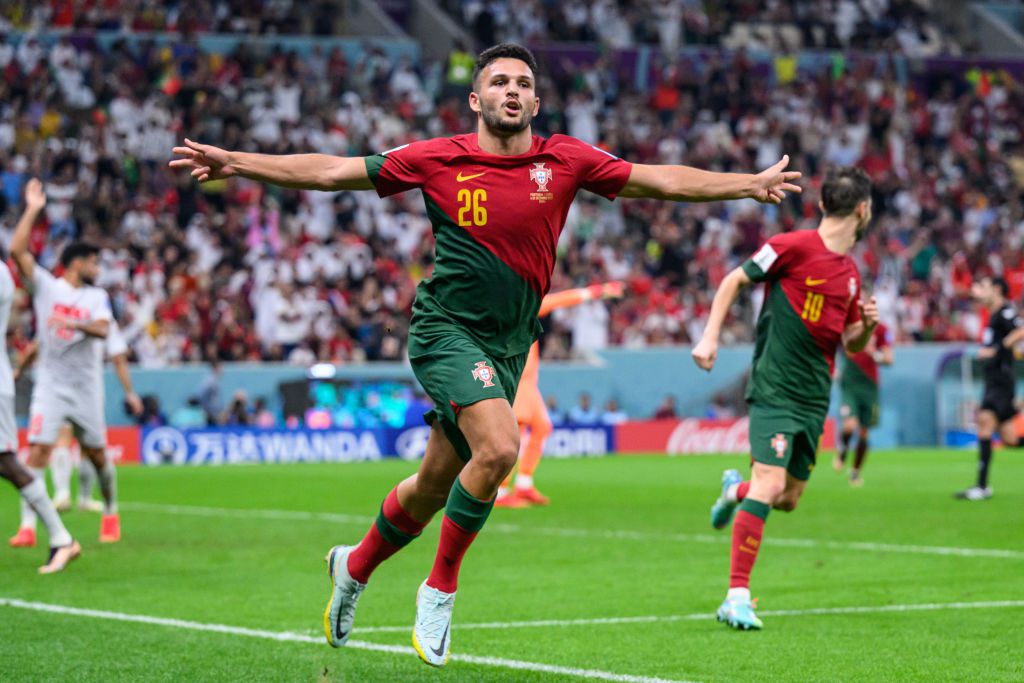 Goncalo Ramos a portugálok ötödik gólját ünnepli a Svájc elleni kiütéses győzelem során (Fotó: Getty Images)