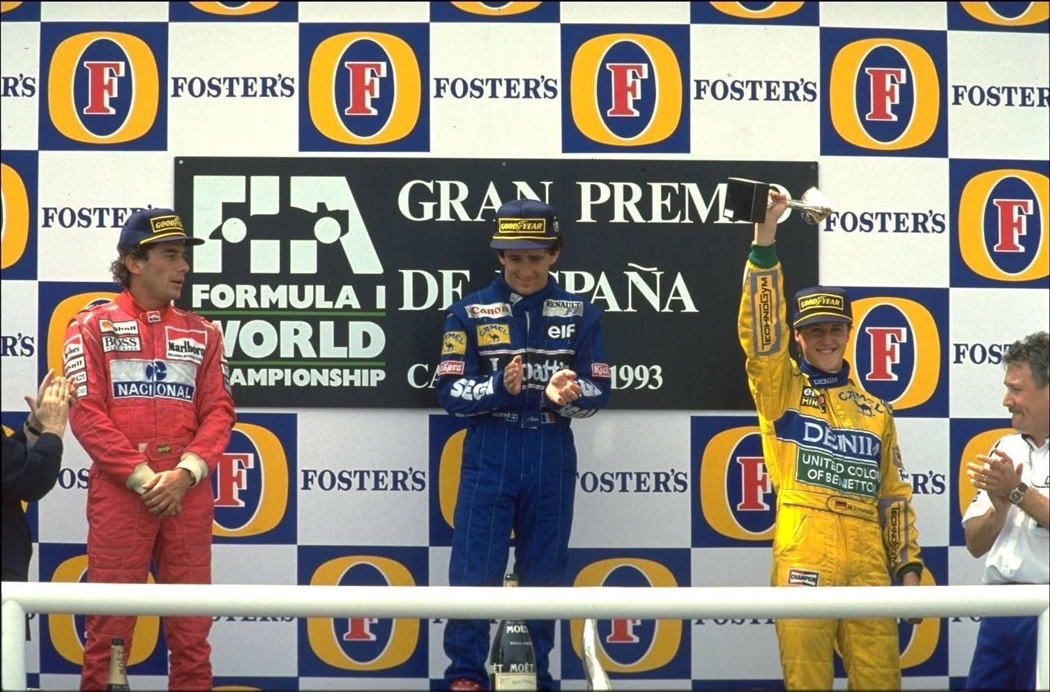Ayrton Senna (balra), Alain Prost (középen) és Michael Schumacher (jobbra).