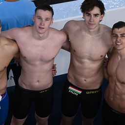 Szabó Szebasztián, Mészáros Dániel, Jászó Ádám és Németh Nándor a férfi 4x100 méteres gyorsúszás előfutamában a dohai vizes világbajnokságon