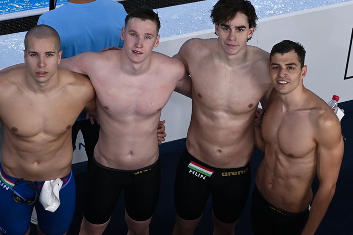 Szabó Szebasztián, Mészáros Dániel, Jászó Ádám és Németh Nándor a férfi 4x100 méteres gyorsúszás előfutamában a dohai vizes világbajnokságon