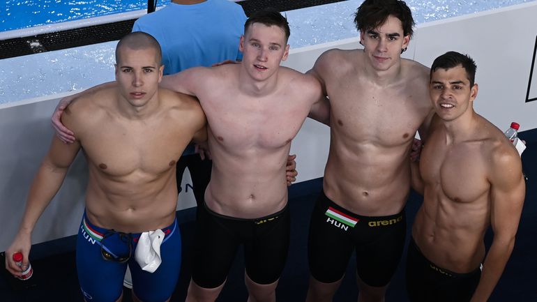Szabó Szebasztián, Mészáros Dániel, Jászó Ádám és Németh Nándor a férfi 4x100 méteres gyorsúszás előfutamában a dohai vizes világbajnokságon