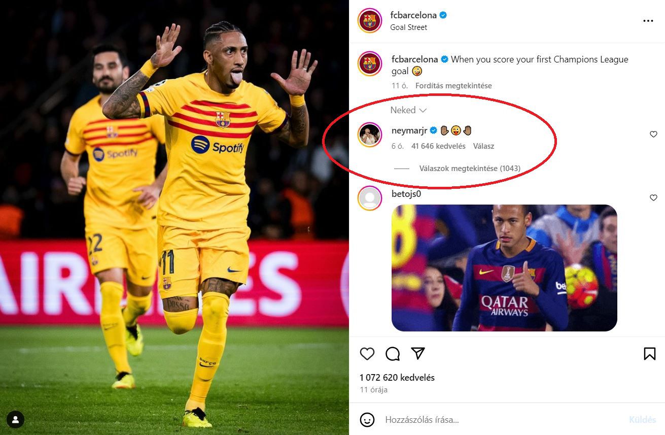Neymar hozzászólása a Barcelona Instagram-oldalán