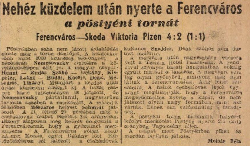 A beszámoló címe árulkodó: nehezen gyűrte le a Fradi a Plzent (forrás: adt.arcanum.com/hu)