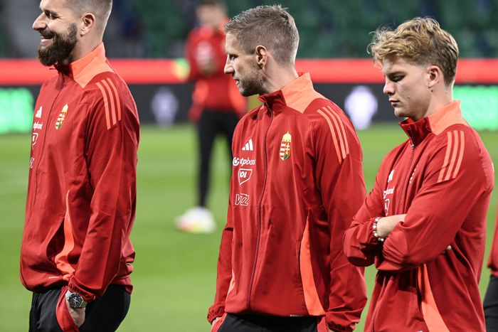 A három vb-selejtezőn két gólt szerző Varga Barnabás (középen) természetesen a kezdőcsapatban kapott helyett (Fotó: MTI)