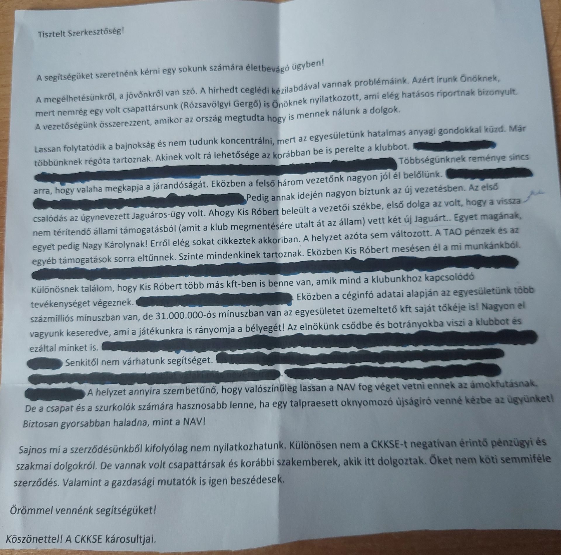A szerkesztőségünkhöz beérkezett levél, a borítékon a feladó rubrikában a CKKSE szerepelt