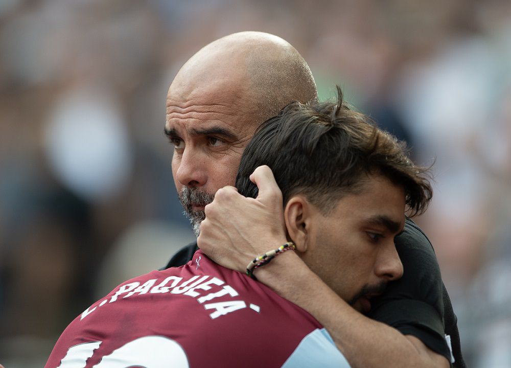 Pep Guardiola és Lucas Paquetá a tavaly szeptemberi West Ham–Manchester City mérkőzésen (Fotó: Getty Images)
