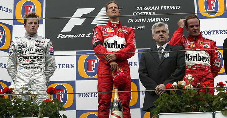 Michael Schumacher lett a futamgyőztes megelőzve, Kimi Raikkönent és Rubens Barrichellót.