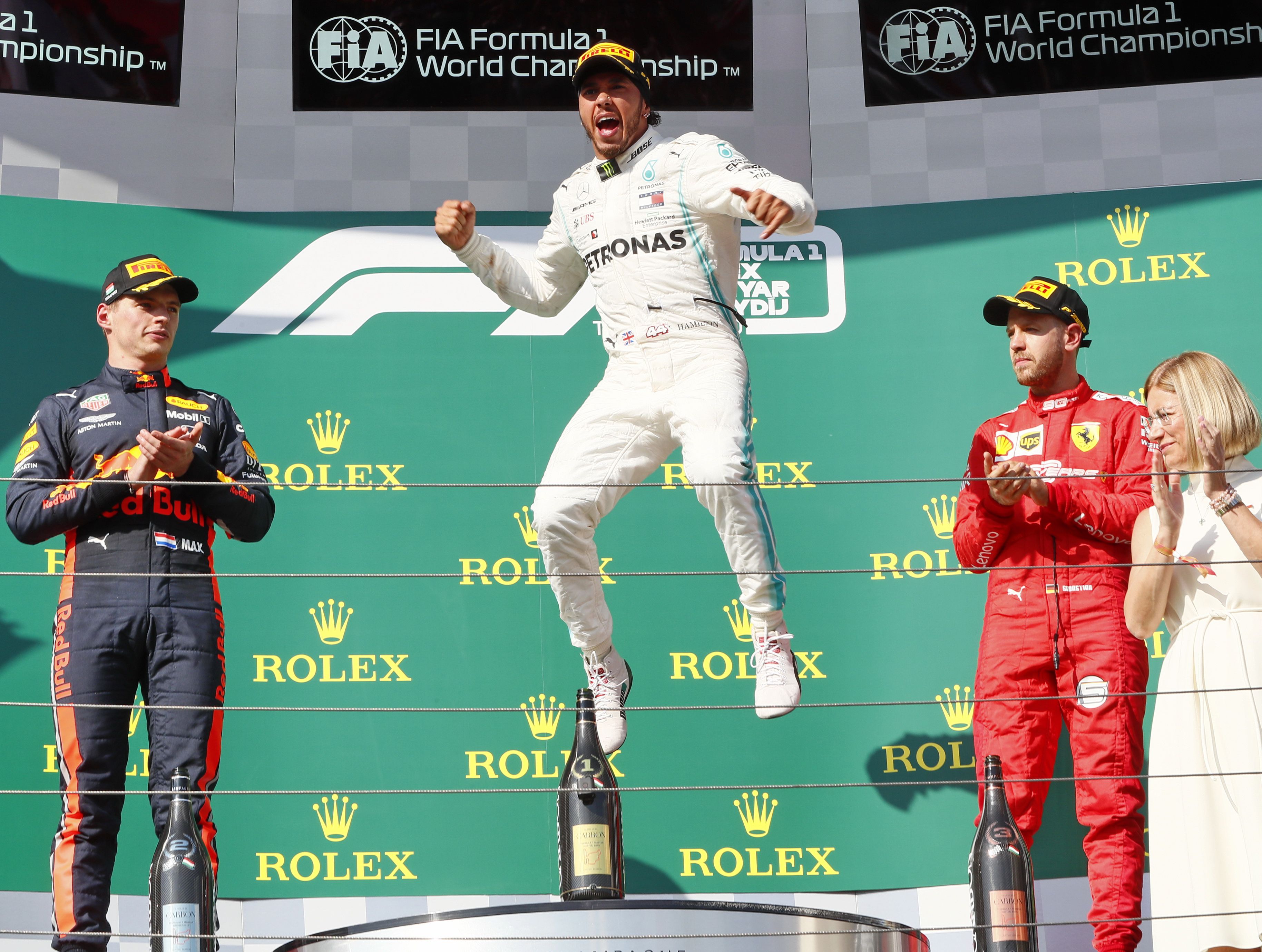 Lewis Hamilton tavalyi sikere Mogyoródon: már hétszer ünnepelhetett a Hungaroringen a dobogó tetején. / Fotó: Fuszek Gábor