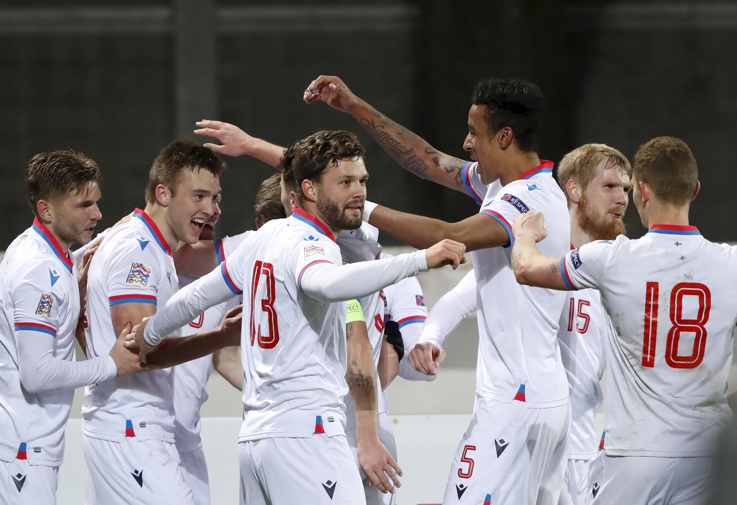 Feröer-szigetek a gólját ünnepli a litvánok elleni Nemzetek Liga-meccsen. / Fotó: EPA/Toms Kalnins.