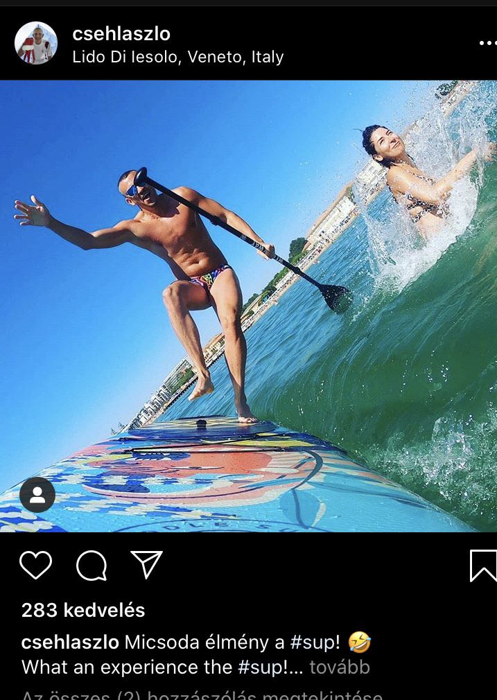 Cseh László megkedvelte a SUP-ot, azt se bánja, ha oly-kor leesik a szörfdeszkáról /Fotó: Instagram