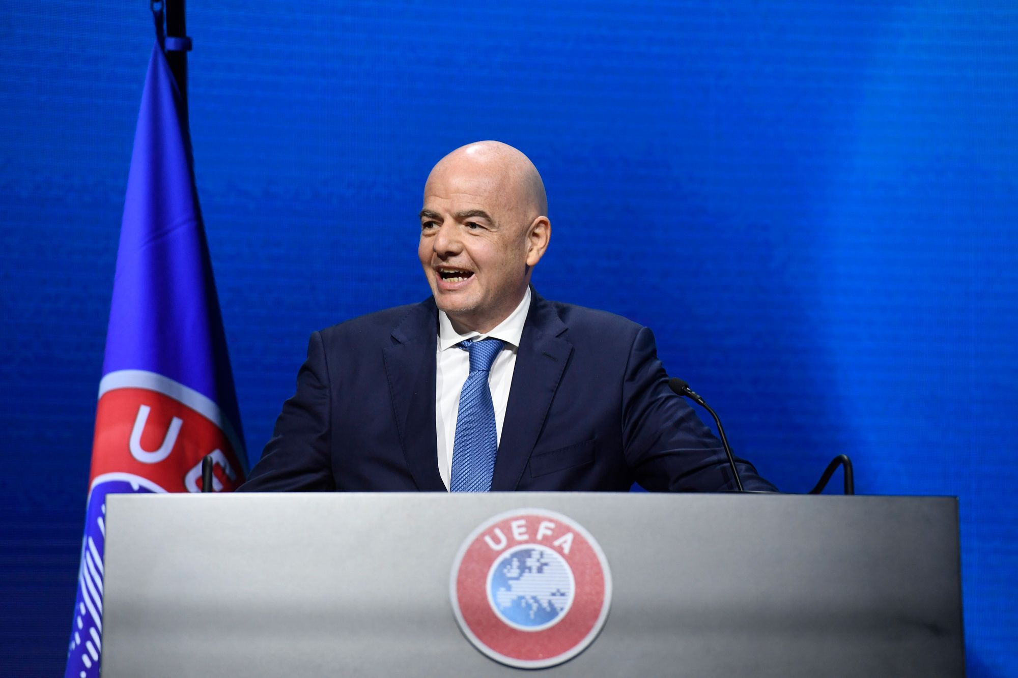Gianni Infantino, a Nemzetközi Labdarúgó-szövetség, a FIFA elnöke felszólal az Európai Labdarúgó-szövetség, az UEFA 45. kongresszusán a svájci Montreux-ben. / Fotó: MTI/EPA/UEFA/Richard Juilliart