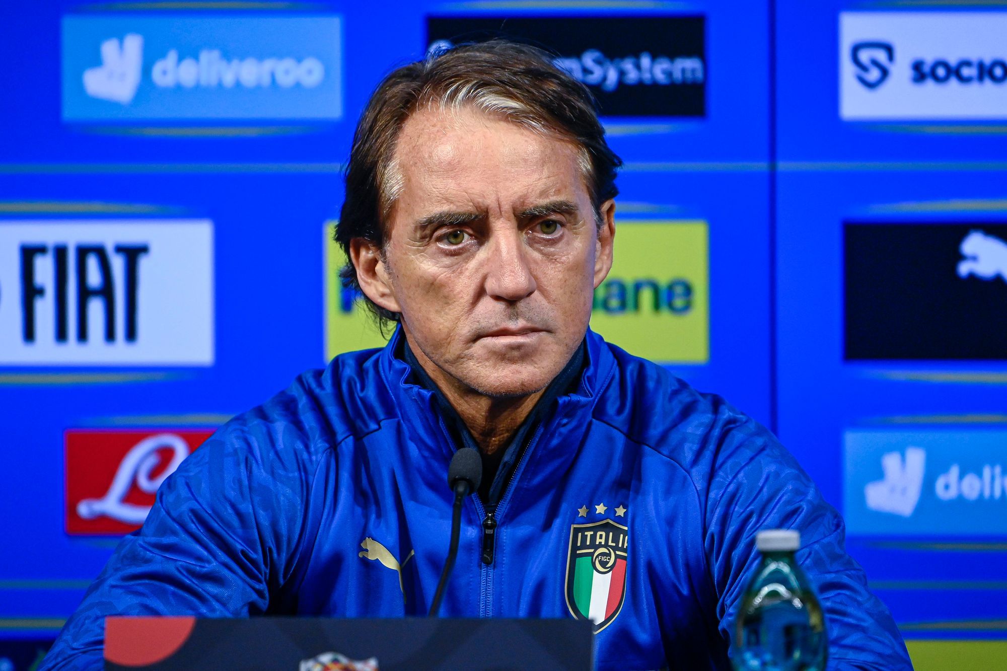 Roberto Mancini olasz szövetségi kapitány a másnapi, a magyar válogatott elleni Nemzetek Ligája-mérkőzésre készülő olasz labdarúgó-válogatott sajtótájékoztatóján a Puskás Arénában 2022. szeptember 25-én / Fotó: MTI/Szigetváry Zsolt
