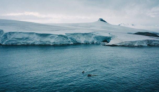Úszás a jeges vízben, de a háttérben már feltünnek az Antarktisz partjai. / Fotó: Niclas Kold Nagel