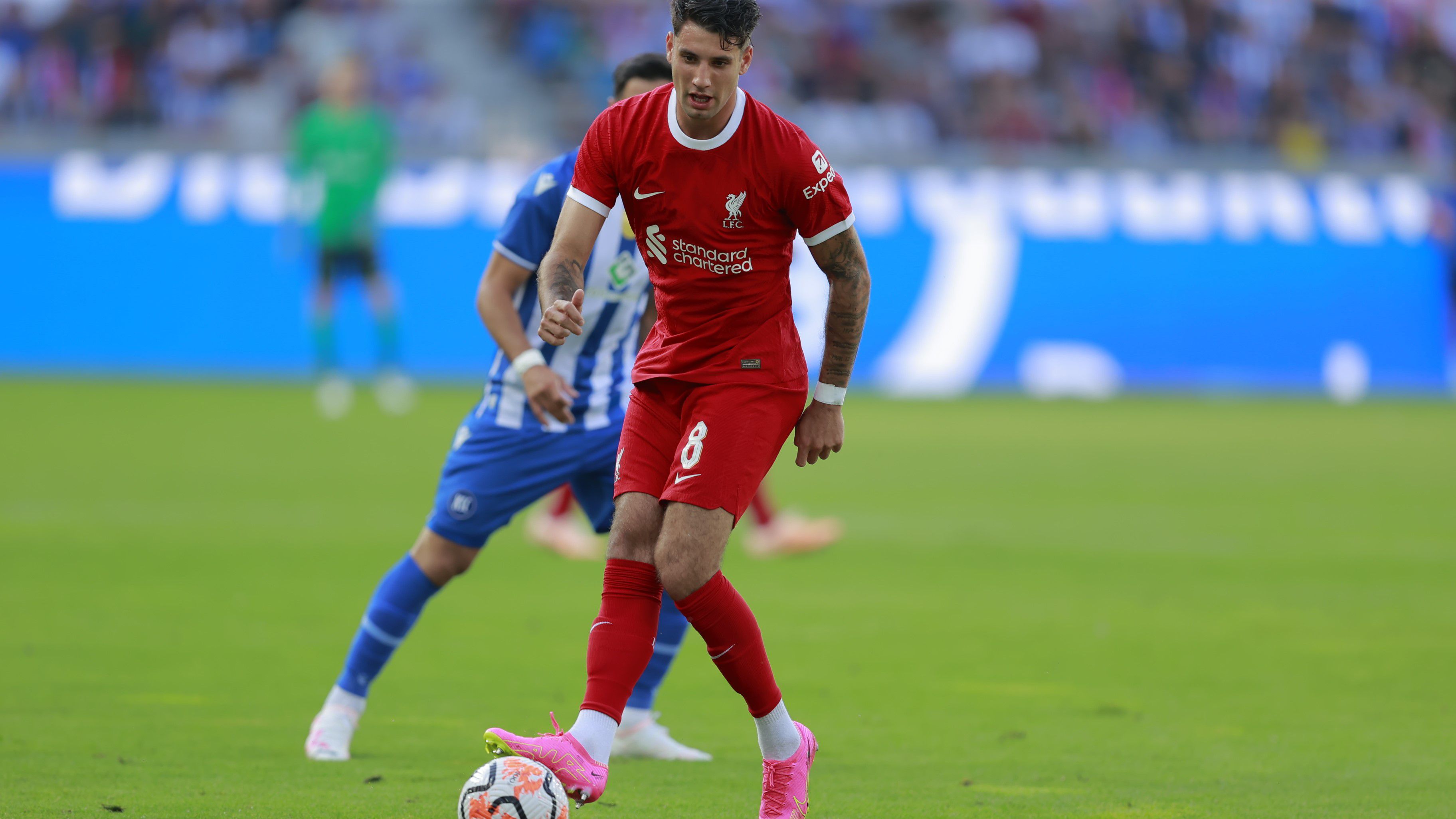 Szoboszlai Dominik szerda délután a Karlsruhe elleni felkészülési találkozón mutatkozott be a Liverpoolban, és egy félidőt kapott a stadionavatón Fotó: Knap Zoltán