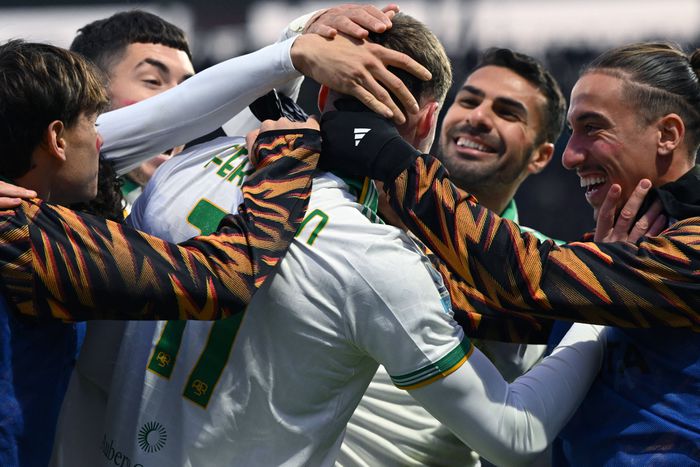 Az ír válogatott Evan Fergusont ünneplik a társak