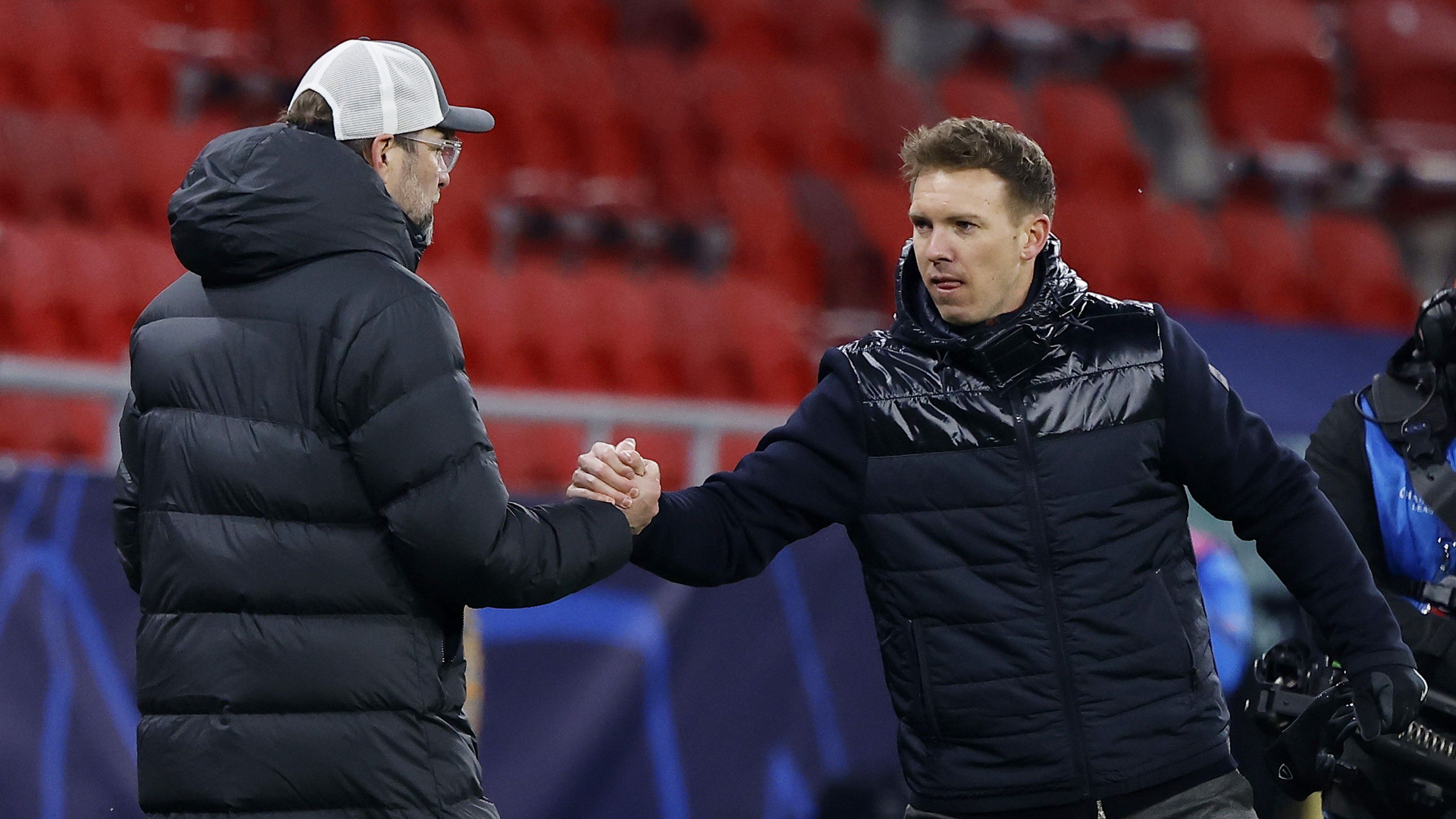 „Hála” a covidnak, Klopp és Nagelsmann Budapesten találkozott 2021-ben a Liverpool–Leipzig BL-meccsen (Fotó: Getty Images)