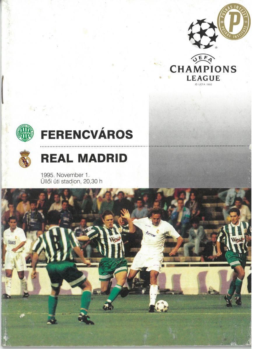 A Ferencváros–Real Madrid Bajnokok Ligája-csoportmérkőzés (1–1) programfüzete 1995 novemberéből. (Fotó: Puskás Intézet)