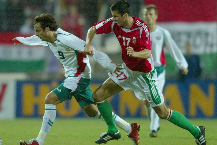 Dimitar Berbatov és Komlósi Ádám a 2005-ös, 1–1-re végződött budapesti vb-selejtezőn (Fotó: Ringier, archív)