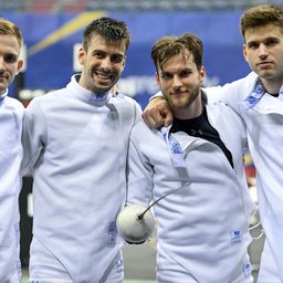 Andrásfi Tibor, Koch Máté, Nagy Dávid és Siklósi Gergely a spanyolok elleni mérkőzés után