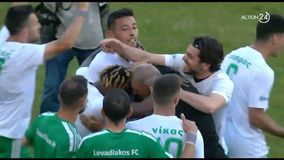 Οι πανηγυρισμοί των παικτών του Λεβαδειακού μετά το τέλος του αγώνα