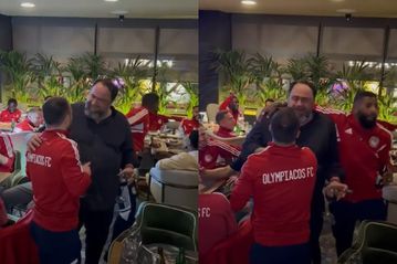Χορός και τραγούδι από τον Μαρινάκη και τους παίκτες του Ολυμπιακού στο τραπέζι της ομάδας μετά την αποθέωση στου Ρέντη (vids)