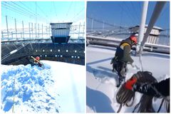 Απίστευτες εικόνες πριν το Στεάουα - ΠΑΟΚ: Ορειβάτες ανέβηκαν στην οροφή για να καθαρίσουν το γήπεδο από το χιόνι