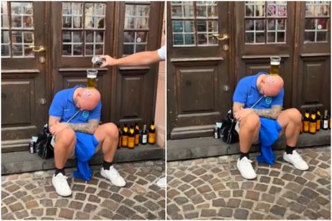 Επικό σκηνικό: Στερέωσαν μπύρα στο κεφάλι μεθυσμένου Άγγλου οπαδού που κοιμόταν... όρθιος (vid)