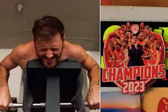 O Πάπας «λιώνει» στην προπόνηση στις ΗΠΑ με φόντο την αφίσα του Ολυμπιακού στο γυμναστήριο (vid)