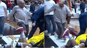 Αδιανόητο: Ηλικιωμένος φίλος του Προμηθέα κλώτσησε εν ψυχρώ τους παίκτες του Άρη που είχαν πέσει στο παρκέ και πανηγύριζαν! (vid)