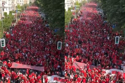«Κόκκινη θάλασσα» στο Ντίσελντορφ: Οι Αλβανοί έχουν κατακλύσει τους δρόμους της πόλης πριν από το παιχνίδι με την Ισπανία (vid)