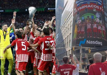 Η Nasdaq αναδημοσίευσε το ποστ του Ολυμπιακού με το βίντεο από την Times Square της Νέας Υόρκης για το Conference League