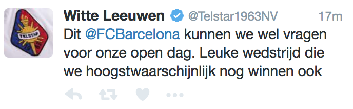 Twitteraccount van Telstar strikes again: 'Winnen van Barcelona op de Open Dag'