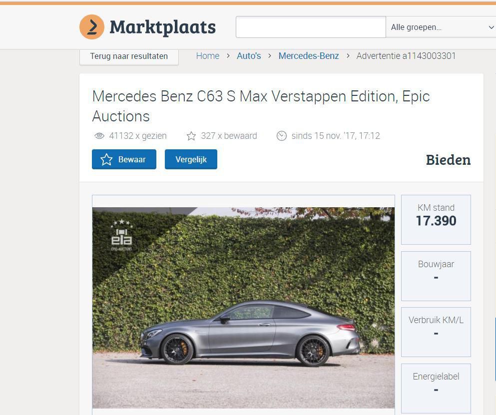 Online bieder koopt 1e wagen Max Verstappen en mag 136.000 euro aftikken