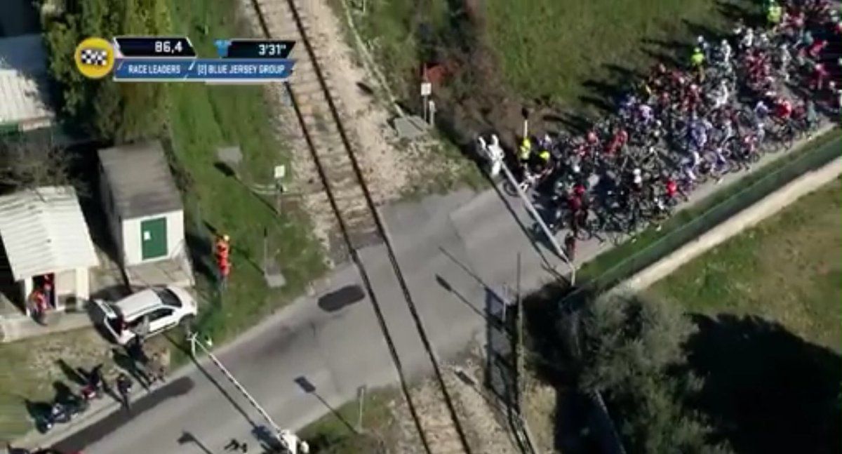 WTF! Peloton moet tijdens achtervolging wachten op een trein (video)