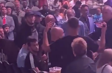 Khabib en Diaz door beveiliging tegengehouden om potje te knokken op de tribune (video)