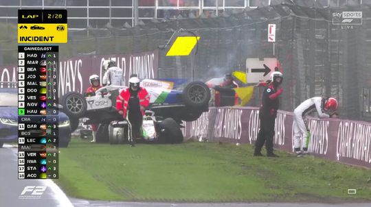 🎥 | Bizarre klapper bij Formule 2 op Zandvoort: rijders eindigen óp elkaar na natte start