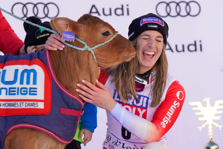 📸🐮 | Alpineskiër krijgt koe cadeau na eerste winst op wereldbeker