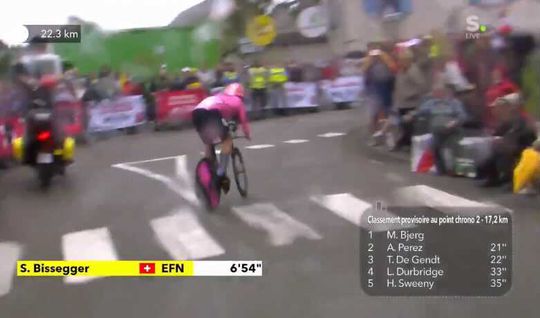 🎥 | Wat een save! Wielrenner slipt in Tour-tijdrit door motor alle kanten op, maar gaat niet onderuit