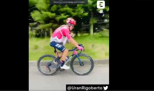 🎥 Wielrenner Rigoberto Urán heeft papadag, maar bindt op racefiets dochter gewoon om z'n buik
