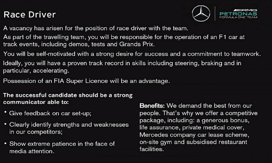 LOL! Mercedes plaatst vacature in zoektocht naar nieuwe F1-coureur