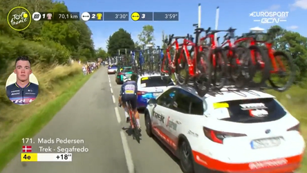 🎥​ | Dat scheelt niets! Volgauto schept bijna eigen renner in Tour de France