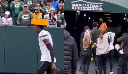 🎥 | Rookie van de Jets viert zege in Green Bay met kaaskop, Packers-speler mept 'm eraf