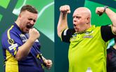 Luke Littler en Michael van Gerwen strijden vanavond tegen elkaar in de finale van het WK darts. ©Getty Images/PDC, beeldbewerking Sportnieuws.nl.