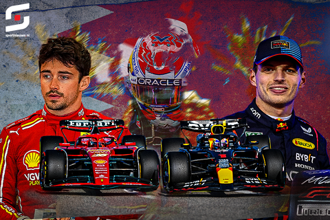 Max Verstappen (r) en Charles Leclerc strijden in Bahrein om de eerste overwinning van het nieuwe seizoen.