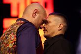 Tyson Fury en Oleksandr Usyk tijdens de face off bij de persconferentie in oktober 2023. © Getty Images