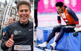 'Coach' Michel Butter (links) van schaatsteam Novus versloeg alle schaatsers bij een pittige challenge. Serge Yoro (rechts) werd knap tweede. ©Getty Images/Pro Shots, beeldbewerking Sportnieuws.nl.