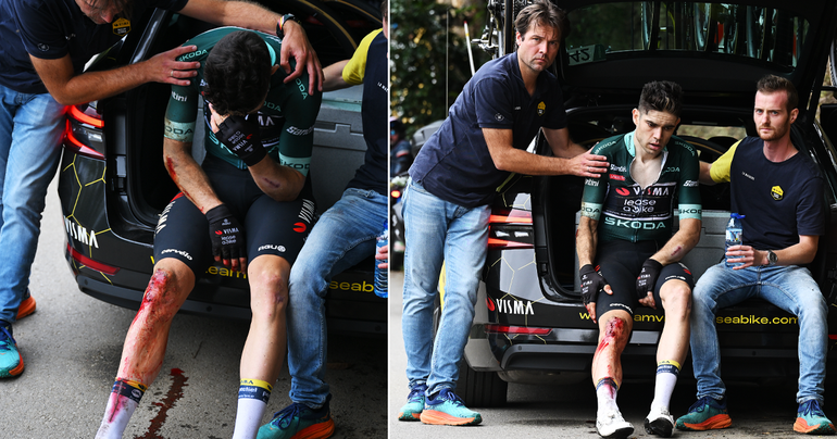 Wout van Aert stapt na harde valpartij tegen rotswand zwaargewond af in Vuelta