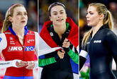 Joy Beune (l), Femke Kok (m) en Jutta Leerdam op de NK afstanden. © Getty Images