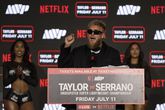 Jake Paul tijdens de persconferentie van Taylor vs Serrano 3 in New York © Getty Images.