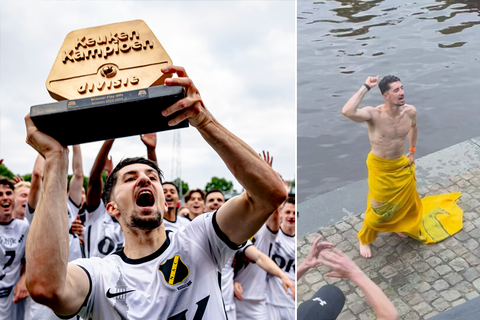 NAC-rechtsback gaat helemaal los in Breda na promotie: springt de haven in én klimt in lantaarnpaal